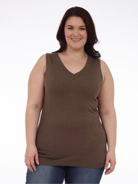 Plus (Full Figure) V-Neck Sleeveless Knit Tank Top-Fawn